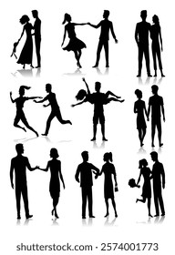 Couples in love silhouettes collection. Set of man and woman of different poses standing together. Romantic black silhouettes of loving pair boy and girl set. Vector illustration