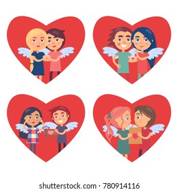 Couples in love Valentine Day vector illustration with four falling in love pairs with wings depicted in big red hearts isolated on white background