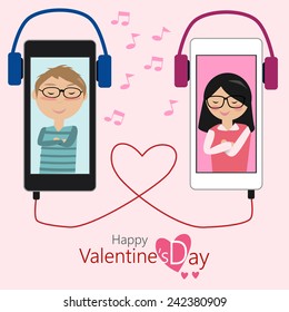 Couples of lover feeling lovely in Valentine's Day with smartphone