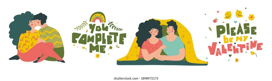 Couples lovers character set, Cartoon people vector illustration. Hand drawn valentine day quotes