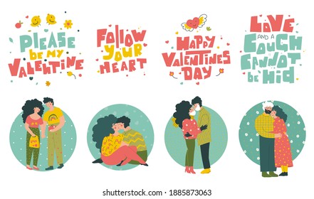 Couples lovers character set, valentine's day quotes hand lettering. Cartoon people vector illustration.