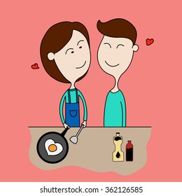 Couples making heart-shaped fried egg