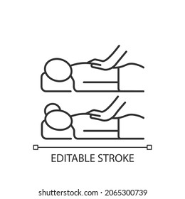 Couples massage linear icon. Increase bonding in relationship. Side-by-side massage tables. Thin line customizable illustration. Contour symbol. Vector isolated outline drawing. Editable stroke