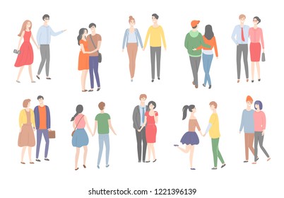 Couples of men and women in love walking together vector. People having good time, hugging and cuddling, strolling females and males holding hands