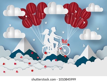 Couples men and women are riding a bicycle with red balloons pulled up to the sky above the mountains. There is a red heart falling down to show love. concept Valentine day. paper art style