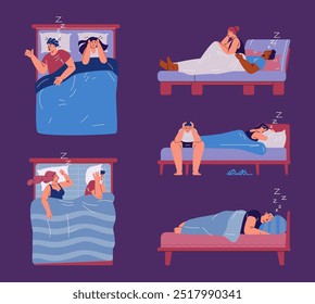 A couple's nighttime ordeal depicted in a vector design with loudly snoring people and a waking partner in bed, which highlights the problems with sleep apnea