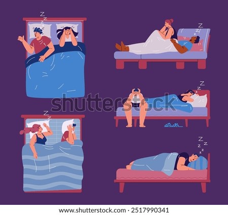 A couple's nighttime ordeal depicted in a vector design with loudly snoring people and a waking partner in bed, which highlights the problems with sleep apnea