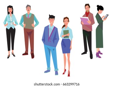 Couples of office workers, employees, managers and team leader. Business people in casual and office clothes. Isolated on white. Business Icons. Business design. Vector