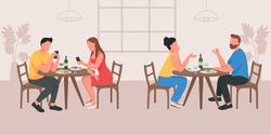 Couples On Date In Cafe Flat Color Vector Illustration. Boyfriend And Girlfriend Talking At Table. Partner With Phones. Two Group Of People 2D Cartoon Characters With Cafeteria Interior On Background