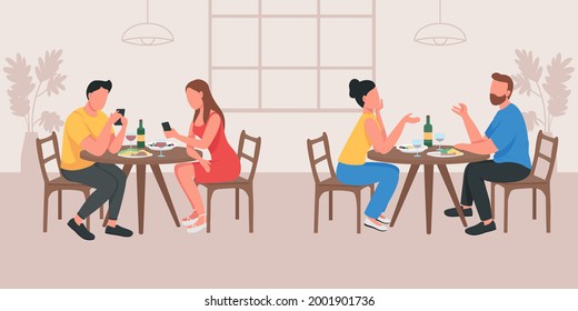 Couples on date in cafe flat color vector illustration. Boyfriend and girlfriend talking at table. Partner with phones. Two group of people 2D cartoon characters with cafeteria interior on background