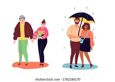 Couples on a date - colorful flat design style characters on white background. High quality scenes with a boy and a girl in casual clothes holding hands, standing under the umbrella on a rainy day