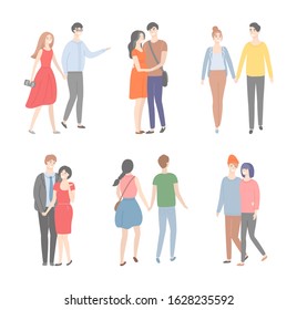 Couples on date vector, isolated set of characters in flat style. Man and woman holding hands walking and talking. Front and back view of boyfriends and girlfriends on weekends. Romantic pairs