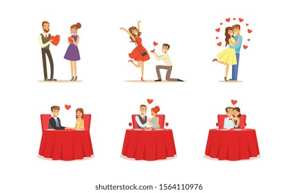 Couples On Dates Vector Illustrations Set. Young Man and Woman Embracing Each Other