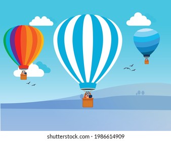 Couples on the parachute. Parachuting with family. Parachute over the mountains. Flat design. Flat design, Hot air balloon in the sky with clouds background. Vector illustration for business concept .