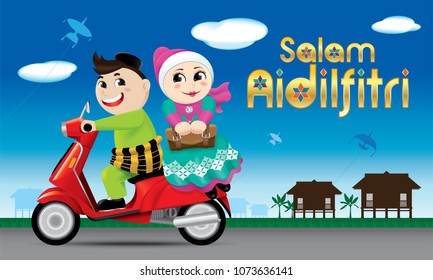 A couples is on the way back to their hometown, ready to celebrate Raya festival with their family. The words "Salam Aidilfitri" means happy Hari Raya.