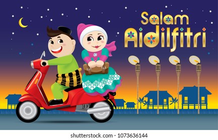 A couples is on the way back to their hometown, ready to celebrate Raya festival with their family. The words "Salam Aidilfitri" means happy Hari Raya.