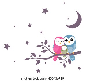 Couples Of Owls Family Sitting On Night Scene
