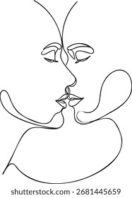 Un apasionado beso de pareja en un dibujo continuo de una línea. Rostros abstractos románticos de amantes en un estilo minimalista, símbolo de amor y pasión.