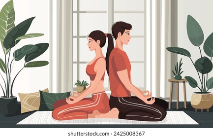 Couples in a peaceful meditation in the room. Young girl and young man sit back-to-back,  in a state of tranquility, calm and relaxed. A flat style. Vector illustration
