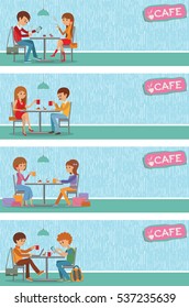 Couples of people in cafe. Vector Illustration with friends men and women sitting at tables.