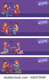 Couples of people in cafe. Vector Illustration with friends men and women sitting at tables.