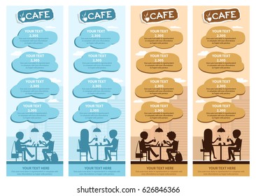 Couples of people in cafe. Vector Illustration with friends men and women sitting at tables.