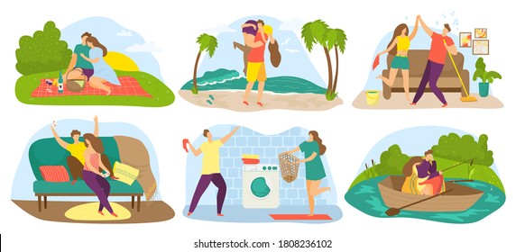 Couples people in love, on date vector illustrations set. Loving man and woman hug, embrace and kiss, hold hand, on picnic, in boat, marriage proposal, walk. Romantic relationship, lovers.