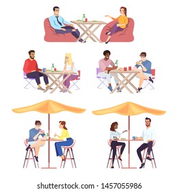 Couples of people at lunch flat vector illustrations set. Men and women at friendly, business and romantic meetings. Eating, chatting visitors at summer cafe isolated cartoon characters