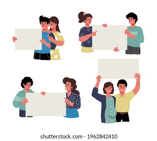 Couples and people one by one, holding placards, banner, poster calling for vaccination, different, skin types, individuals. Modern vector flat illustration. 