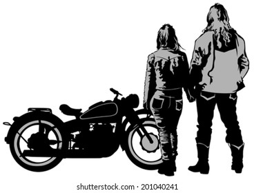 Couples people and retro bike on white background