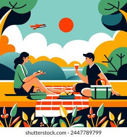 Couples picnic with sunset backdrop, vector illustration, flat design depicting romantic leisure and quality time together.