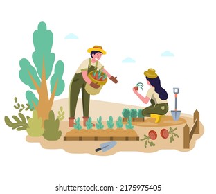 Couples planting large onions It was cultivated in the countryside with a rake, shovel, hoe, soil, wheelbarrow and other tools. The plant will grow well. flat illustration.