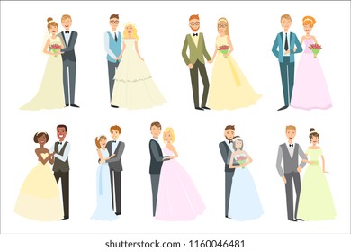 Couples Posing Together On Wedding Day Bright Color Cartoon Simple Style Flat Vector Set