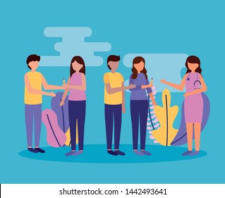 couples with pregnancy test and doctor maternity scene flat vector illustration