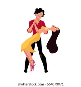 Couples of professional ballroom dancers dancing tango, looking at each other, cartoon vector illustration isolated on white background. 