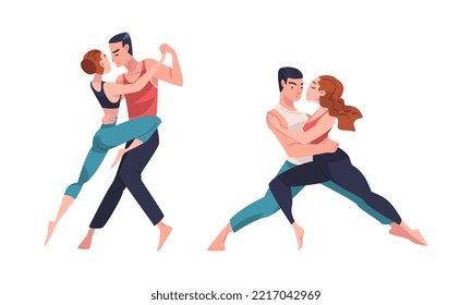 Couples of professional dancers performing choreographic elements cartoon vector illustration