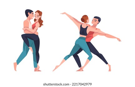 Couples of professional dancers training in studio or rehearsing performance cartoon vector illustration