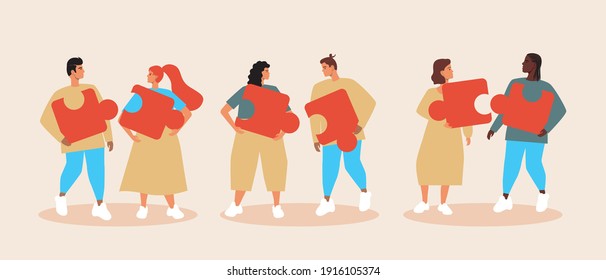 Couples with puzzle isolated. Flat vector stock illustration. The concept of relationship connection. Multicultural couples, relationships. Illustration with men, women with puzzle