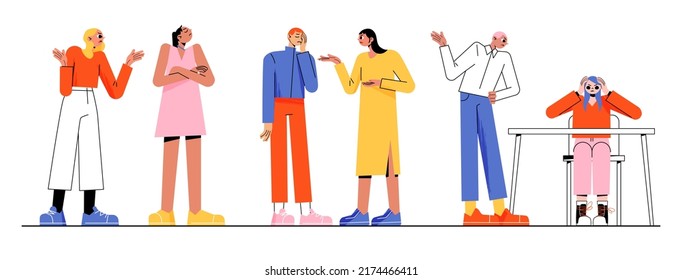 Couples quarrel, angry characters conflict, arguing. Husband and wife or friends scandal, family relations, domestic violence, spousal abuse. People swear and argue, Line art flat vector illustration