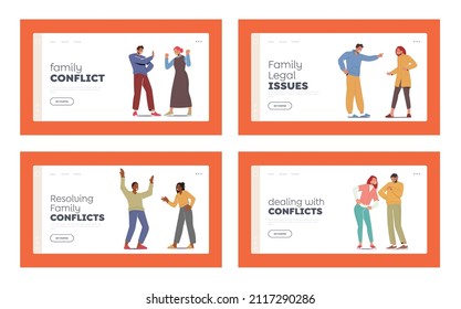 Couples Quarrel Landing Page Template Set. Husband and Wife Characters Scandal, Family Relations. Domestic Violence, Spousal Abuse. Young People Yelling, Swear at Home. Cartoon Vector Illustration