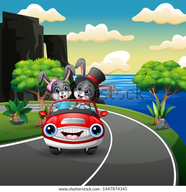Couples\
rabbit cartoon driving a car in the seaside\
road