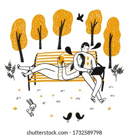 Couples Are Relaxing In The Park Reading And Using Tablets. The Element Hand Drawn, Vector Illustration Doodle Style.