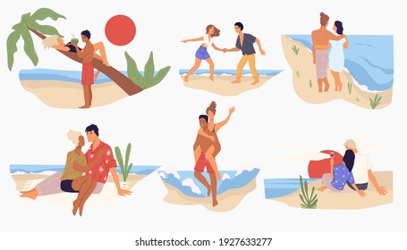 Couples resting by seaside in summer. People drinking wine sitting by sea or ocean, boyfriend and girlfriend walking along shore. Tropics and landscapes, summertime seascapes vector in flat style