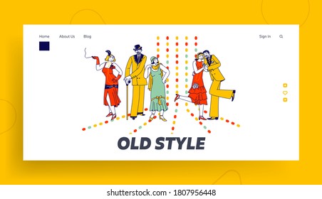 Couples Retro Dancing in Night Club Landing Page Template. Elegant Characters Active Lifestyle, Men and Women Spend Time, Dance Lessons, Leisure or Weekend Hobby. Linear Vector People Illustration