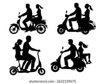 Couples Riding Various Motorized Vehicles Silhouettes, Silhouette illustration of couples riding scooters and Motorcycles and Scooters, motorcycle, scooter, rider, person, icon, symbol, graphic, trans