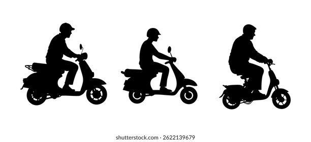Couples Riding Various Motorized Vehicles Silhouettes, Silhouette illustration of couples riding scooters and Motorcycles and Scooters, motorcycle, scooter, rider, person, icon, symbol, graphic, trans