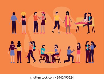 couples romantic differents activities outdoors vector illustration