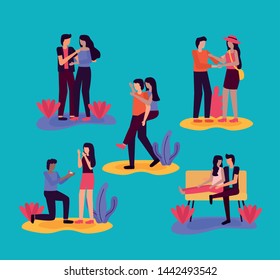 couples romantic differents activities outdoors vector illustration