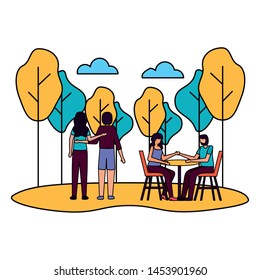 couples romantic love park outdoors flat design vector illustration