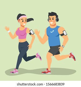 Couples in running clothes running together, Vector illustration in a flat style.